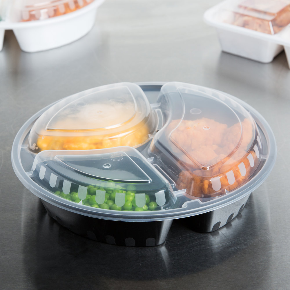 Choice 33 oz. Black 9 Round 3-Compartment Microwavable Heavy Weight  Container with Lid - 25/Pack